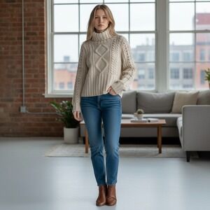 Vtg y2k Juicy Couture Cream Merino Wool Cable Knit Turtleneck Sweater Womens Med